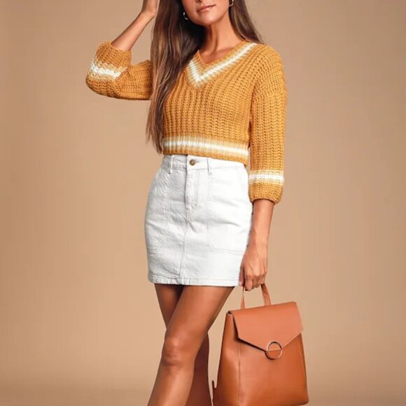 Sage Avery Mustard Yellow and White Striped Cropped Knot Sweater - Size Medium - Picture 4 of 6